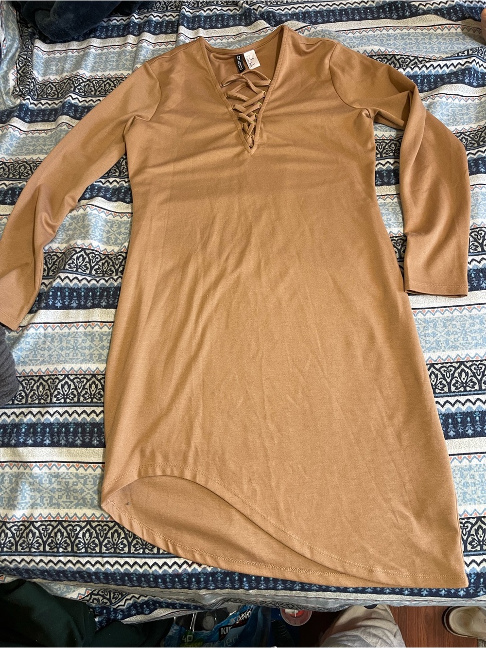 H&M Camel Lace-Up V-Neck Asymmetrical Hem Dress